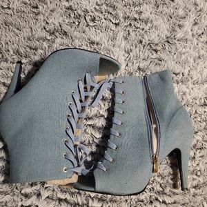 Light denim peep toe booties